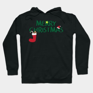 Merry Christmas logo with santa hat, Yellow star, red sock, gingerbread man cookie and Red and white striped candy Hoodie